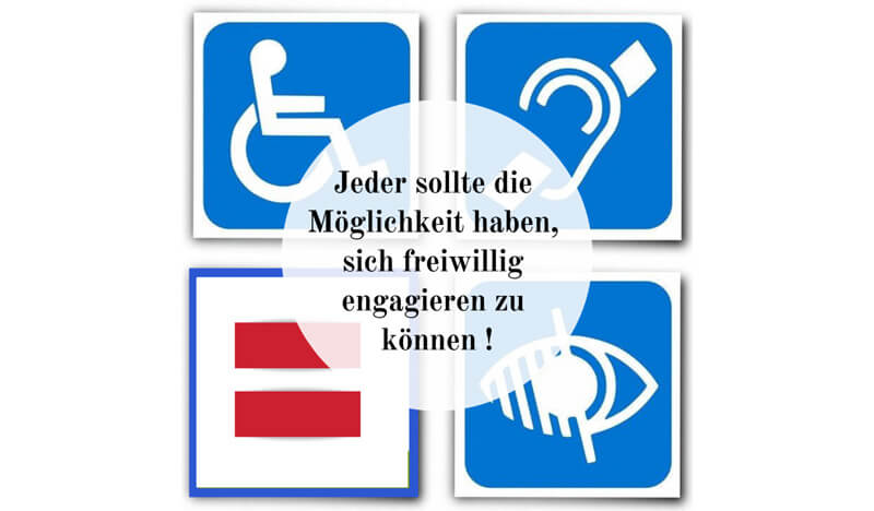 Im Hintergrund in 4 Quadraten: jeweils ein Symbol für Rollstuhlfahrer, Hörbeeinträchtige und Sehbeeinträchtigte und das paritätische Logo; im Vordergrund: Jeder sollte die Möglichkeit haben, sich freiwillig engagieren zu können!